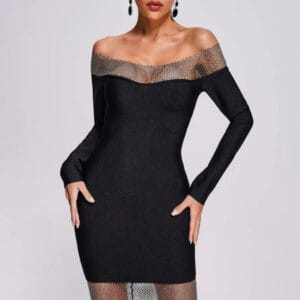 Off-Shoulder Mesh Panel Bodycon Dress By De-Atita
