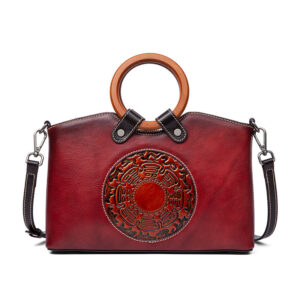 Vintage Embossed Genuine Leather Handbag with Wooden Ring Handle