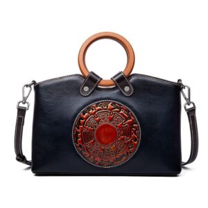 Vintage Embossed Genuine Leather Handbag with Wooden Ring Handle