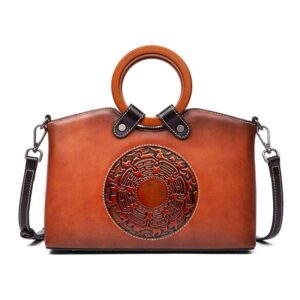 Vintage Embossed Genuine Leather Handbag with Wooden Ring Handle