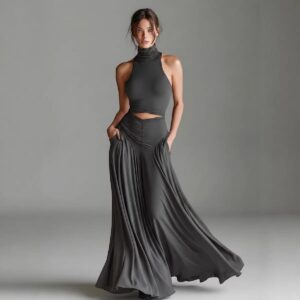 High Neck Cutout Maxi Dress with Flowing Skirt By De-Atita