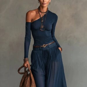 One-Shoulder Bodysuit & Sheer Wide-Leg Pant Set By De-Atita