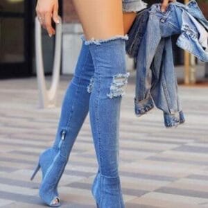 The Indigo Siren: Distressed Denim Open-Toe Thigh-High Boots