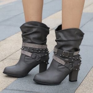 Embellished Rhinestone Harness Leather Boots