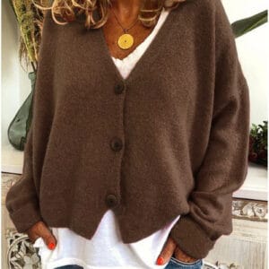 Classic Brown V-Neck Cropped Cardigan By De-Atita