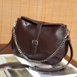 Luna Top-Grain Leather Saddle Bag – Elegant Underarm & Shoulder Chain Purse