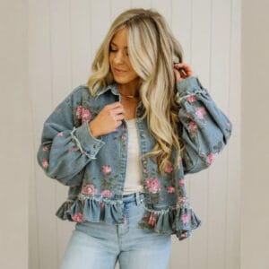 Floral-Embroidered Ruffle Denim Jacket By De-Atita