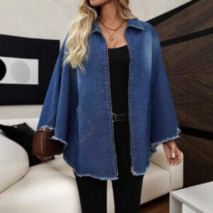 Frayed Zip-Front Denim Shacket By De-Atita