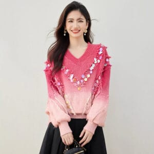 Fashionable Pink Gradient Sequin V-Neck Sweater By De-Atita