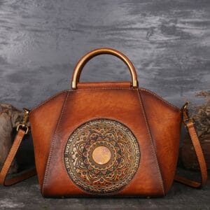 Vintage Embossed Leather Satchel – Retro Totem Top-Handle Messenger Bag