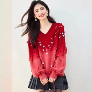 Fashionable Pink Gradient Sequin V-Neck Sweater By De-Atita