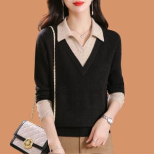 Sophisticated Beige V-Neck Layered Knit Sweater By De-Atita
