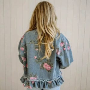 Floral-Embroidered Ruffle Denim Jacket By De-Atita