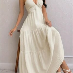 White Halter Tiered Maxi Dress By De-Atita