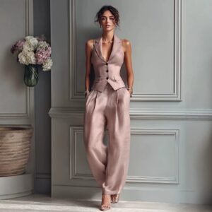 Sleeveless Blazer Vest & Wide-Leg Trouser Set By De-Atita