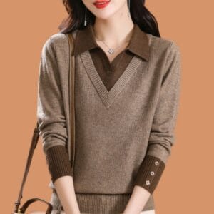 Sophisticated Beige V-Neck Layered Knit Sweater By De-Atita