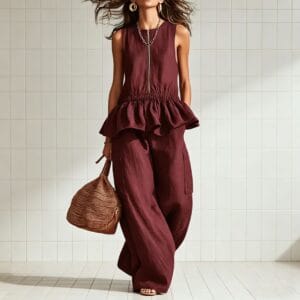 Sleeveless pleated vest wide leg pants set