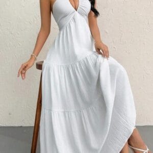 White Halter Tiered Maxi Dress By De-Atita