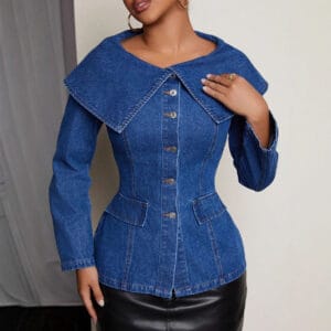 Sailor-Collar Peplum Denim Jacket By De-Atita