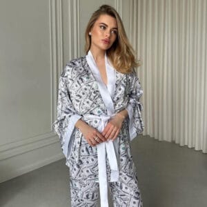 The Maison Printed Silk-Feel Open-Front Loungewear Set