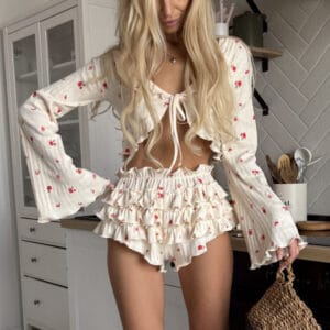 Aura Printed Silk-Feel Tie-Front Top & Ruffled Shorts Set