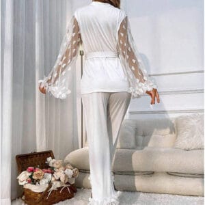Sexy Satin Lace Heart Trumpet Sleeve Pajama Long Pants Set
